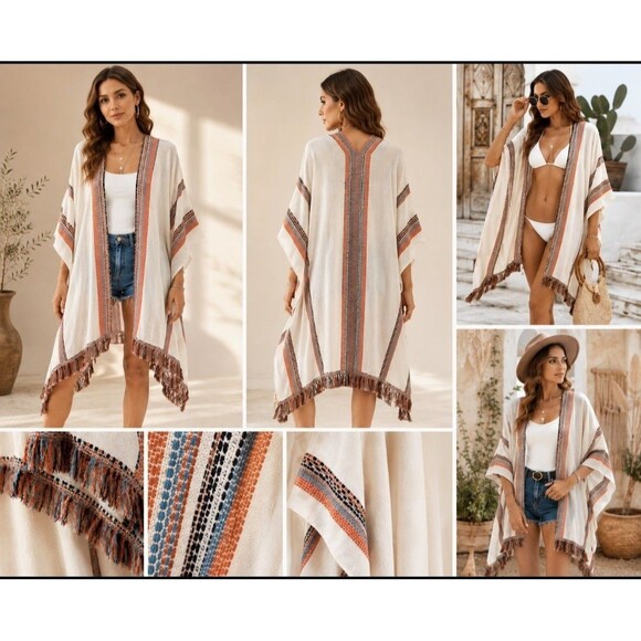 Vismaya Tops - Vismaya W Fringe Kimono Ruana Textured Woven Boho Artisan Swimwear Cover Up OS